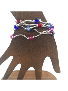 Lot of 5 Stretch Bracelets Assorted Color Beads Silver Tone Links